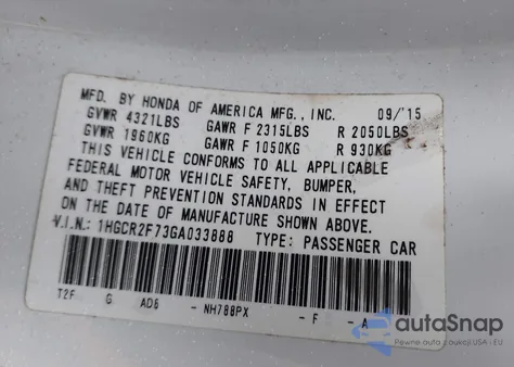 2016 Honda Accord Ex из США, поврежденный, VIN 1HGCR2F73GA033888